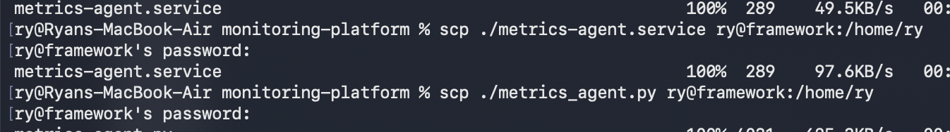 terminal showing the scp command to copy the agent script to a remote machine