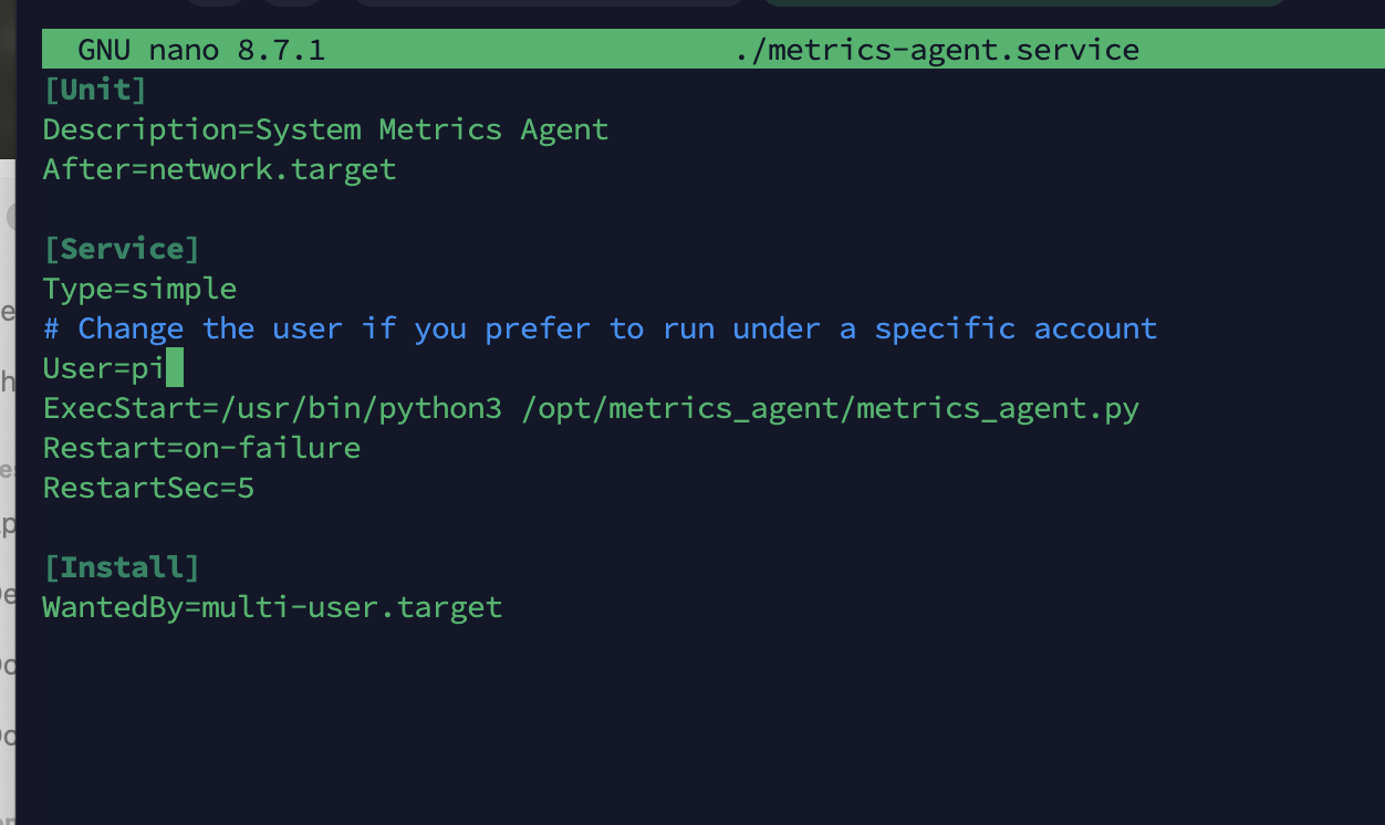 nano editor showing the User= line being updated