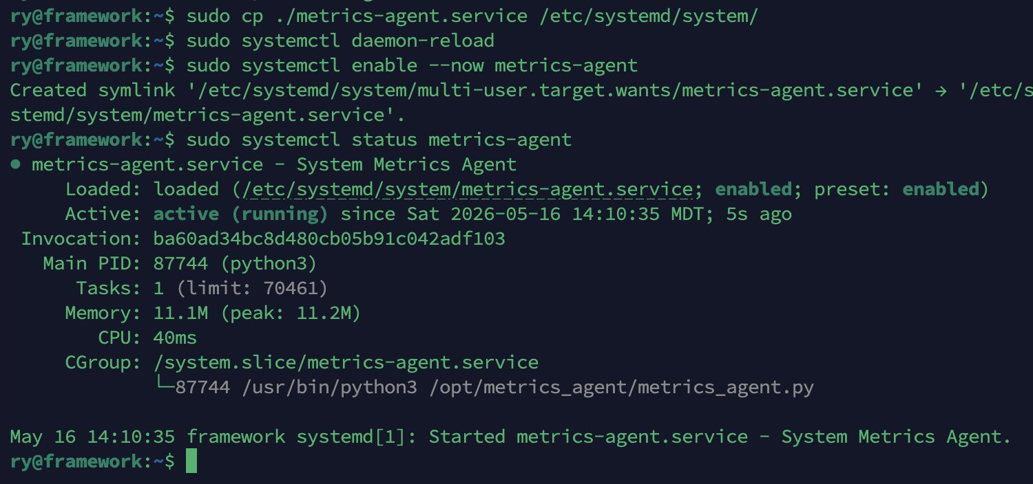terminal showing the service enabled and active