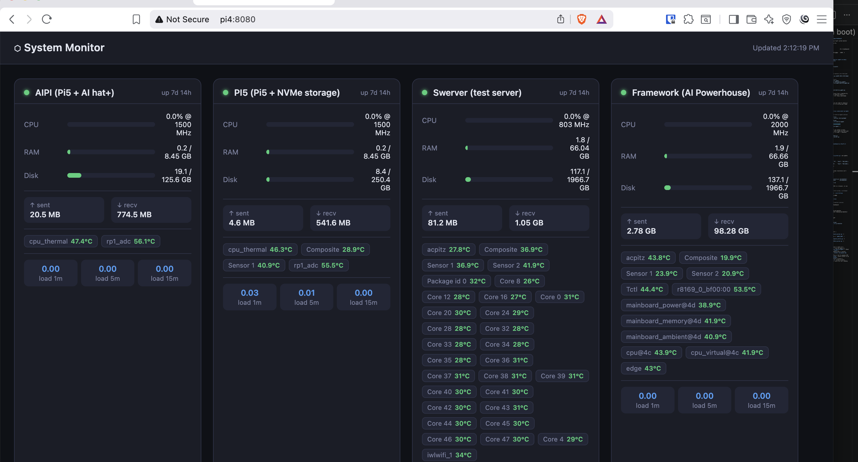 browser showing the monitoring dashboard with multiple machines and their stats