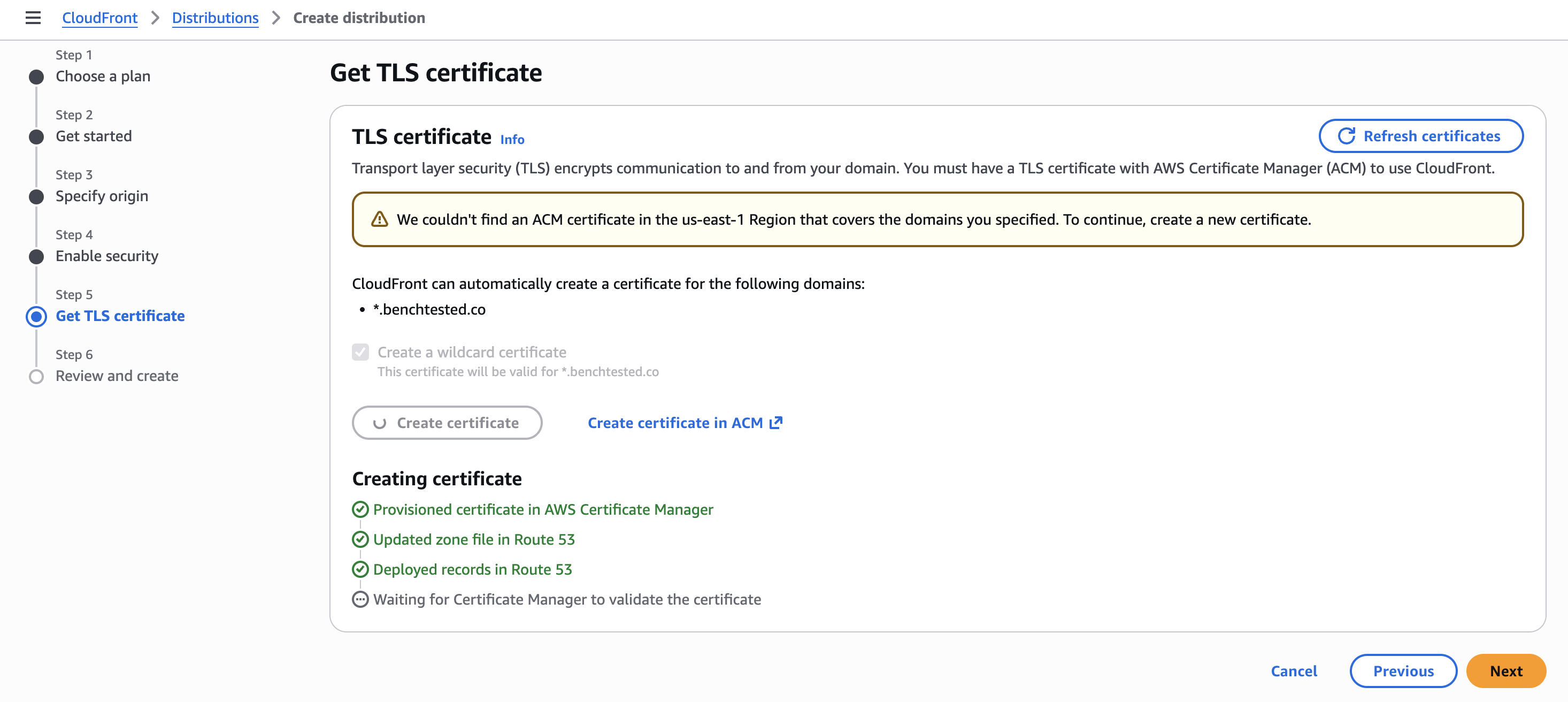 screenshot showing page 5 of the cloudfront distrobution creation process