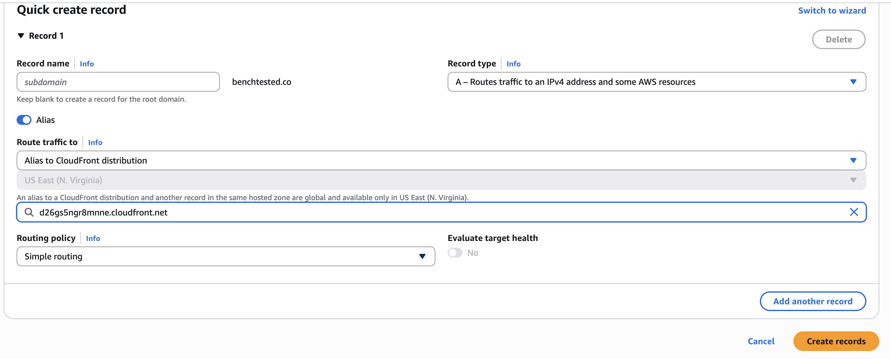 screenshot showing the create record page