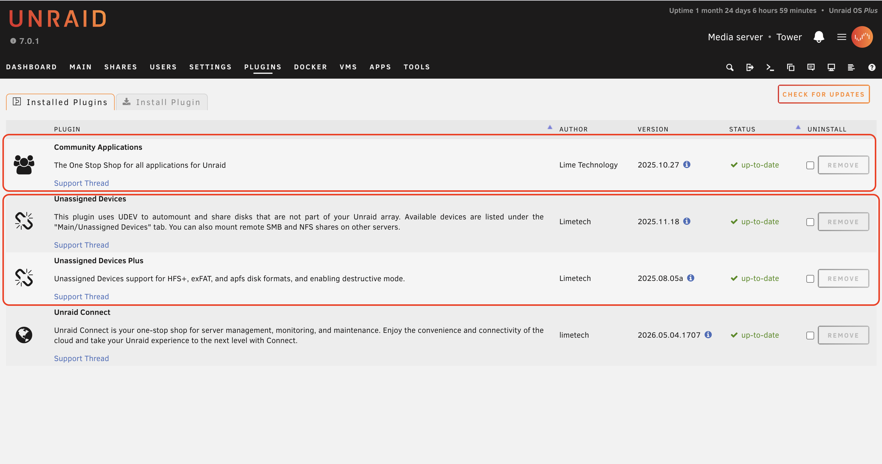 screenshot showing 3 of the 4 needed plugins