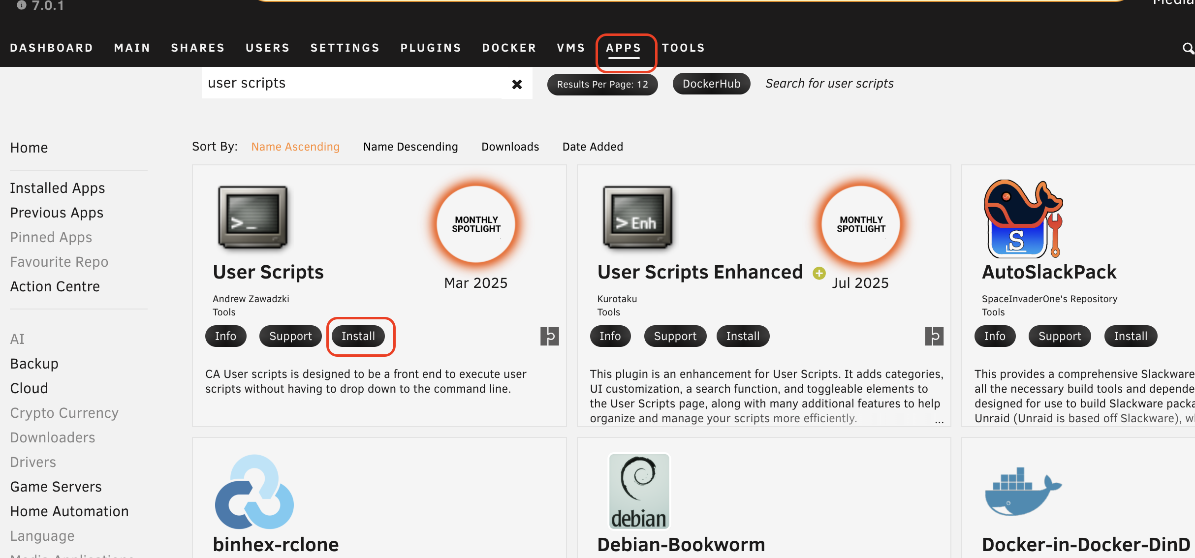 screenshot showing user scripts in the app section