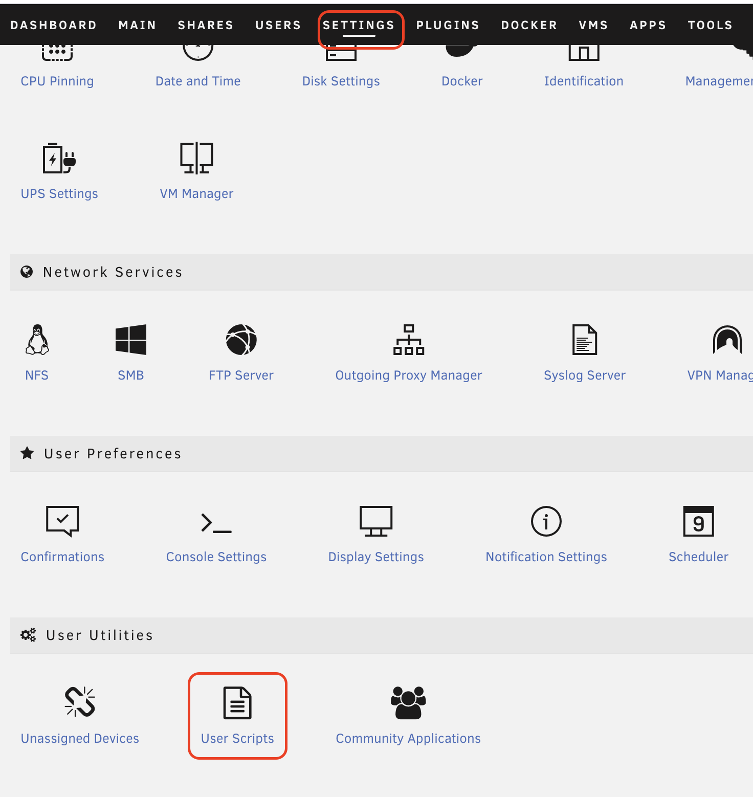screenshot showing the user scripts option at the bottom of the settings heading