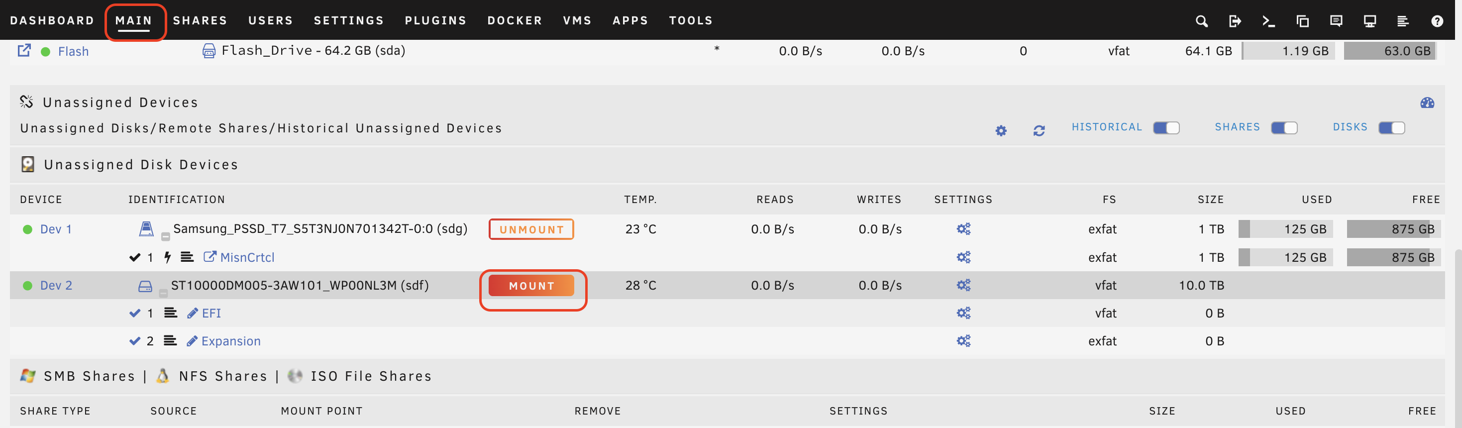 screenshot showing the unassigned devices section with an external drive ready to mount
