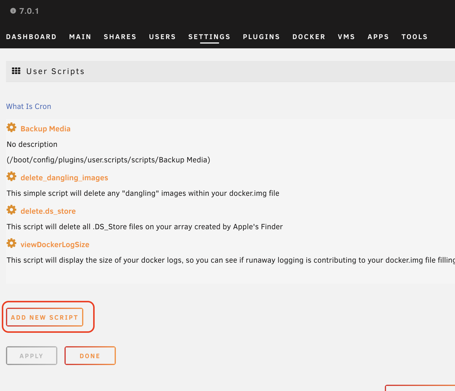 screenshot showing the add script button