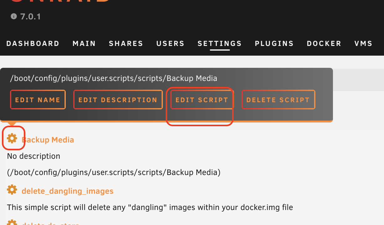 screenshot showing the gear button, and the edit script button
