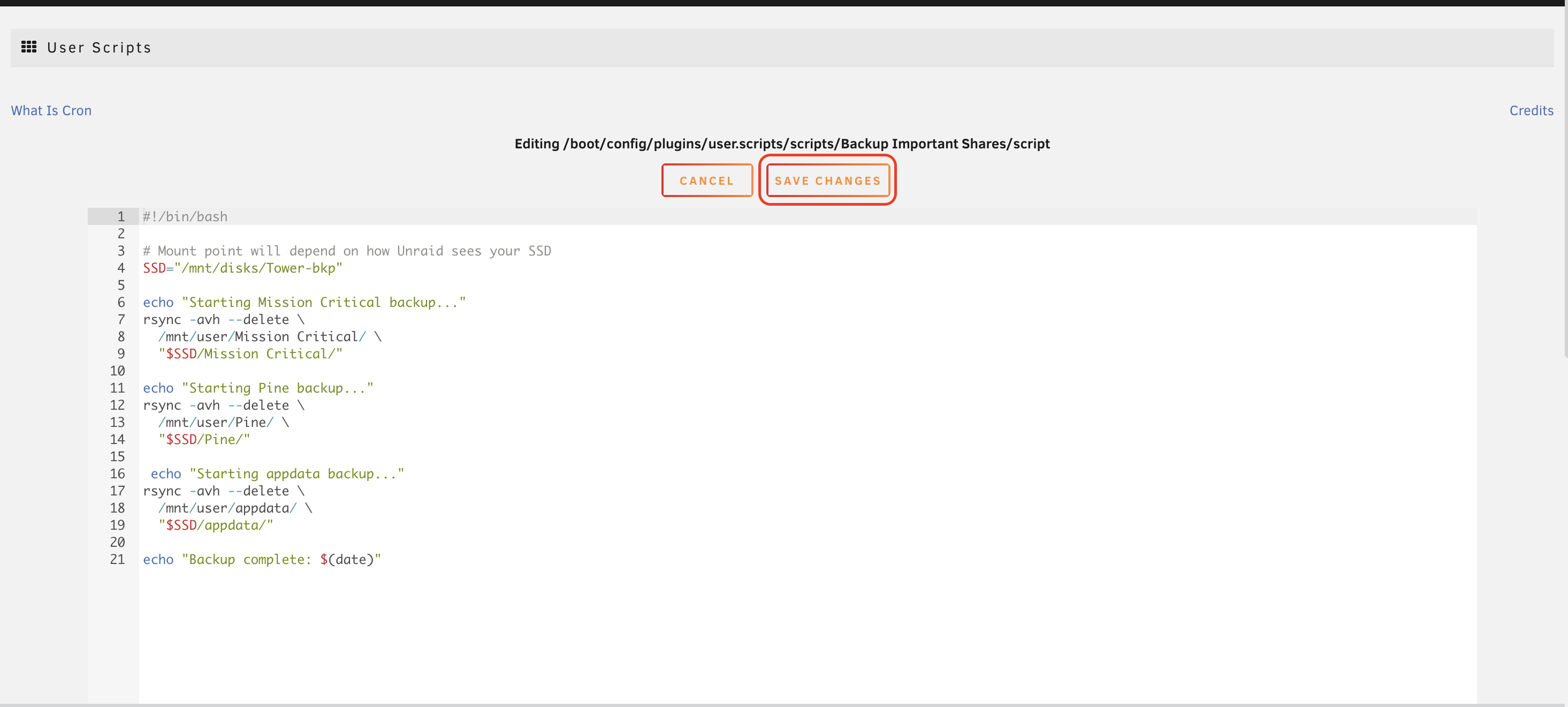 screen showing the save script button