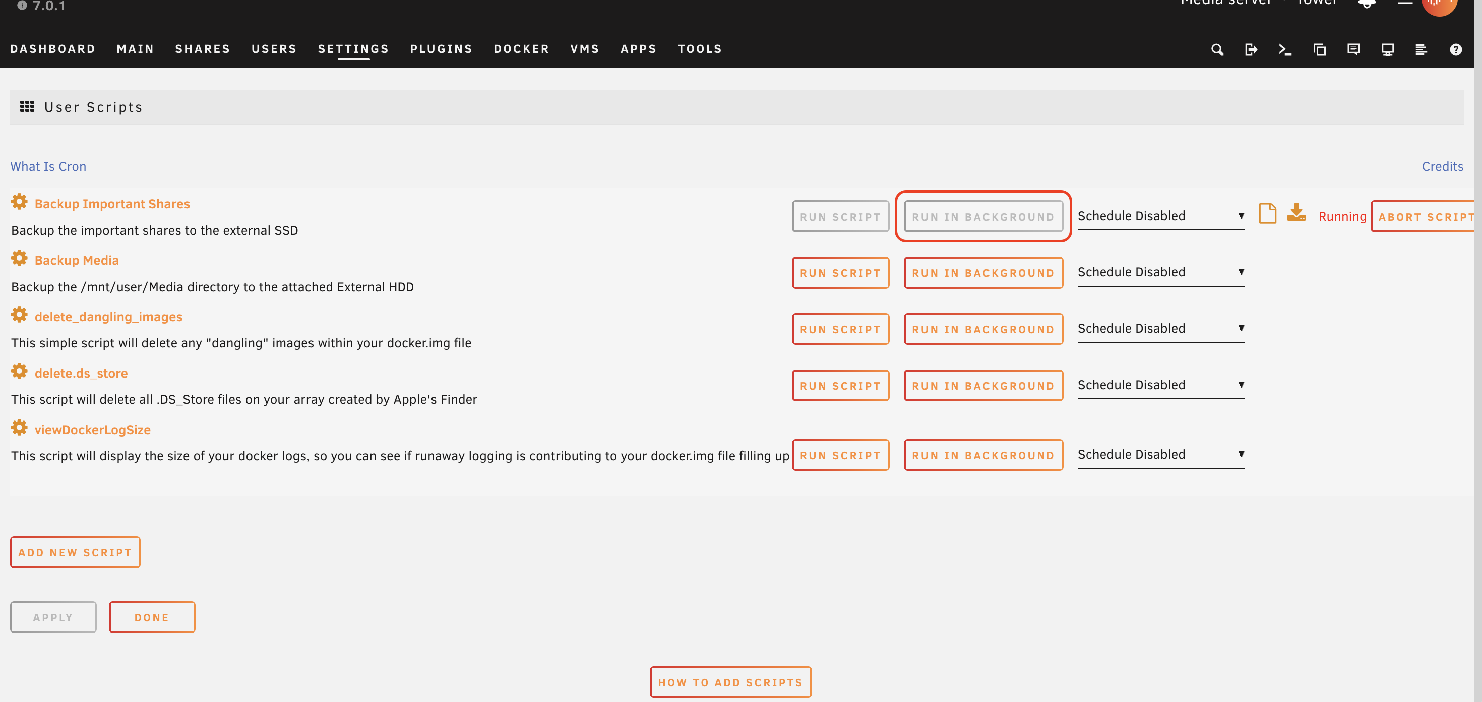 screenshot showing the run in background, and abort script option